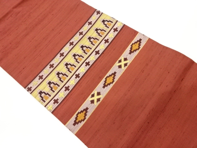 リサイクル　手織り紬横段に抽象模様織出し名古屋帯